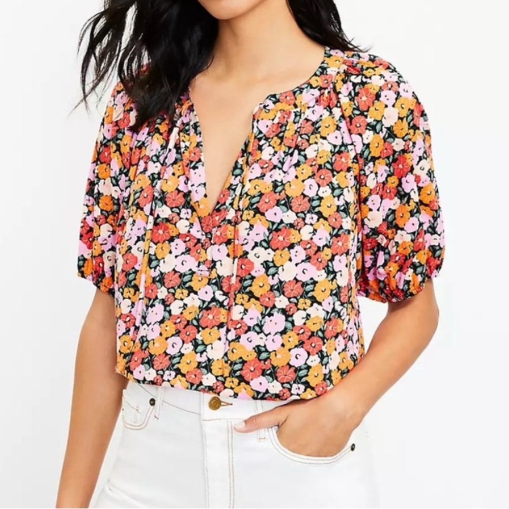 Loft Floral puffed sleeve tie neck top
